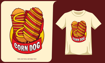 Corn dog cartoon logo with text effect and tshirt mockup vector design