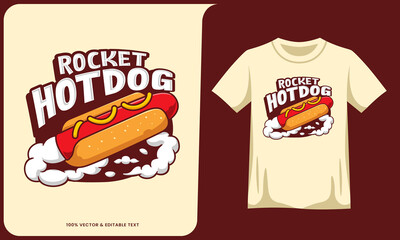 Rocket hotdog food logo text effect and t shirt mockup vector design