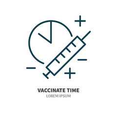 Syringe and clock icon isolated. Editable stroke symbol. Vaccines against virus, vaccination sheldule, anti vaccine, shield virus. Flu, hepatitis, measles covid prevention