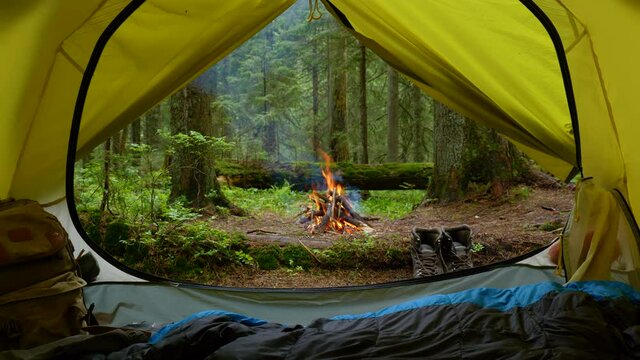 A view from a tourist tent to a bonfire and a magical forest