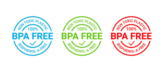 BPA free stamp. Non toxic plastic badge icon. No bisphenol round label emblem. Bisphenol A, phthalates free seal imprint for eco packaging. Seal mark isolated on white background. Vector illustration
