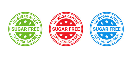 Sugar free stamp icon. No sugar added round label. Diabetic imprint badge. Green, red and blue seal marks isolated on white background. Vector illustration. Emblem for package product. Flat design.