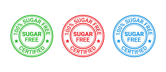 Sugar free label icon. No sugar added stamp. Diabetic round seal badge. Green, red and blue imprint stickers isolated on white background. Vector illustration. Emblem for package product. Flat design.