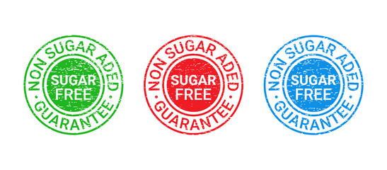 Sugar free stamp, grange icon. No sugar added round label. Diabetic imprint badge. Green, red and blue seal marks isolated. Vector illustration. Emblem for package product on white background.