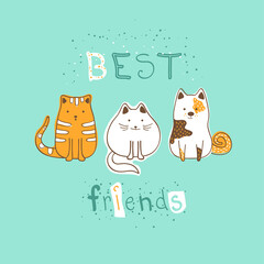 Cartoon cats and dog - vector card. Three best friends.  Print for kids, baby, children.