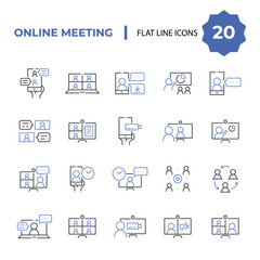 Simple set of online meeting related line icons isolated. Video conference concept. Distance work and learning. Collection of vector elements. Laptop, computer, smartphone, chatting, conferencing
