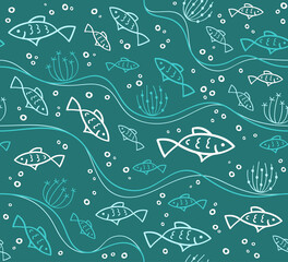 Fish - seamless patterns. Vector background for fabric, textile, wallpaper, posters, gift wrapping paper, napkins, tablecloths, pajamas. Print for kids, baby, children