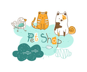 Vector Poster for Pet Shop. Funny dog, cat, mouse, parrot, fish and snake for your design.