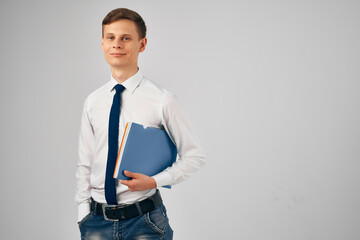 business man in shirt with tie blue folder documents work official