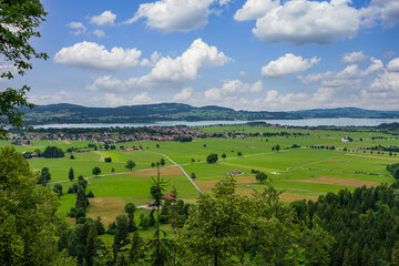 Obraz premium Famous Neuschwanstein Castle with scenic mountain landscape near Füssen, Bavaria, Germany, Forggensee, Alpsee 