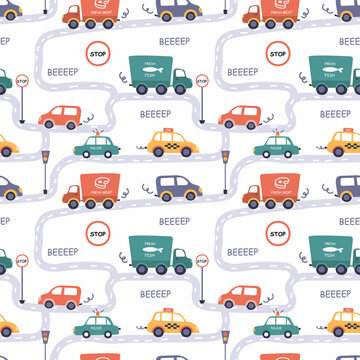 Seamless pattern with different cars on the road in cartoon style.