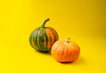 yellow background, two pumpkins, harvest, pumpkins for halloween,