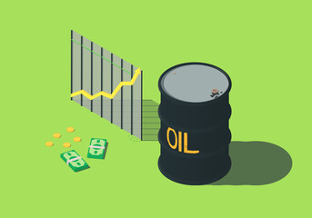 Isometric illustration with barrel, money and diagram on the theme of rising oil prices