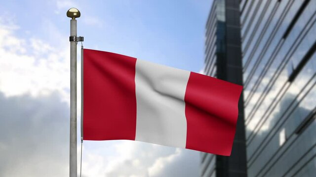 3D, Peruvian flag waving on wind with modern skyscraper city. Close up of Peru banner blowing, soft and smooth silk. Cloth fabric texture ensign background-Dan