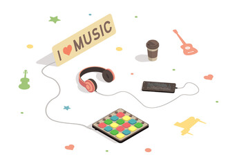 Isometric smartphone with headphones and drum pad isolated