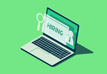 Isometric laptop with hiring message