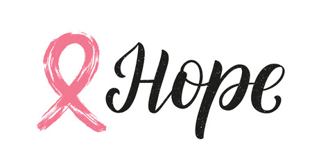 Hope hand sketched lettering logo decorated by pink brush ribbon. October breast cancer awareness month vector concept.