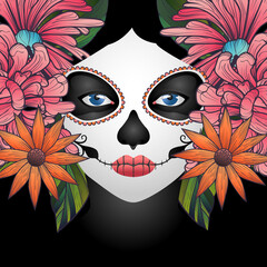 dia de los muertos! lovely girl with flowers for the day of all the dead and alive. Makeup for the dead. Vectron illustration for banners, posters, wallpapers, holiday cards