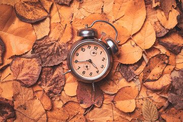 Vintage alarm clock on pile of dry autumn leaves for daylight saving time change in fall