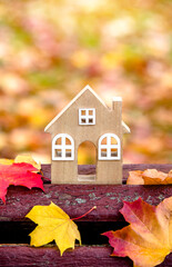 The symbol of the house stands among the fallen autumn leaves
