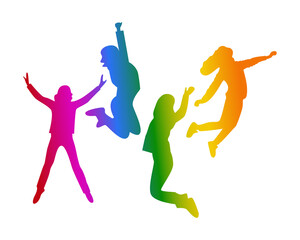 Fototapeta na wymiar rainbow four jumping girls