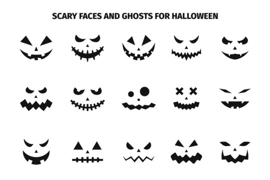 Scary faces and ghosts for Halloween. Scary Halloween pumpkin faces. Creepy and funny emoji of Halloween pumpkins