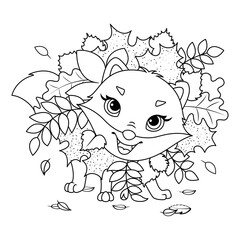 Little fox playing in autumn leaves coloring page. Black and white cartoon illustration