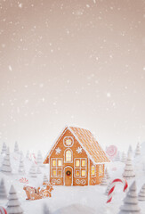 Cute cozy fairy Christmas gingerbread house decorated of Christmas lights