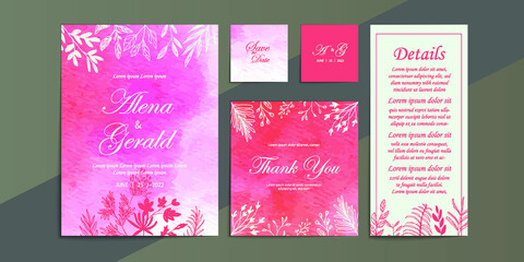 Floral pink wedding card watercolor background invitation template set