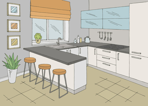 Kitchen room interior color graphic sketch illustration vector 