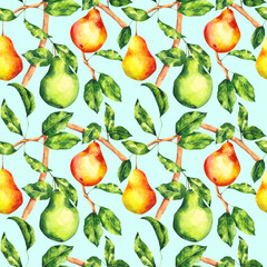 Watercolor pear seamless pattern on light blue background. Bright fruit tree repeat print. Botanical background for textile, fabric, wallpaper, wrapping paper, design and decor.