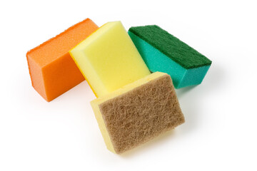 Synthetic cleaning sponges different colors on a light background