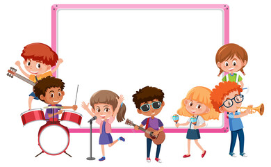 Empty board with kids playing different musical instruments