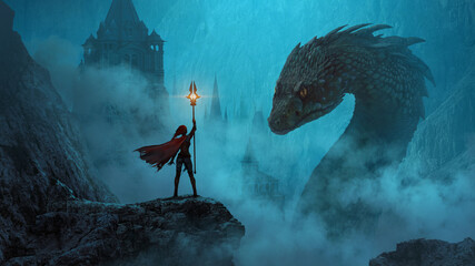Sorceress summoning a giant monster - fantasy digital illustration