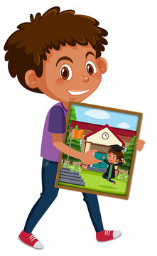 Cartoon character of a boy holding his graduation photo