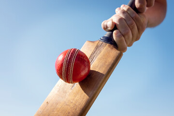 Cricket player batsman hitting a ball with a bat shot from below background - obrazy, fototapety, plakaty