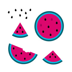 Set of watermelon icons in modern colors. Half, round piece, and triangular slice.