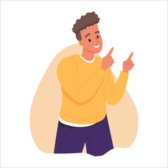 Positive emotions and gesturing concept. Young smiling man cartoon character showing positive emotions and pointing with two hands and fingers to side vector isolated illustration. Victory fingers.