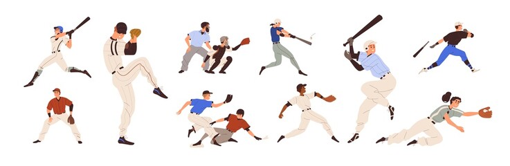 Fototapeta na wymiar Baseball players set. Pitchers, catchers, batters and hitters throwing, catching and hitting ball with bats and gloves. American sports game. Flat vector illustration isolated on white background