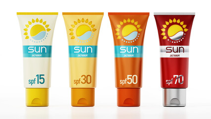 Collection of sun screen tubes with various protection levels. 3D illustration