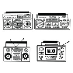 Old school radio tape recorder doodle in black and white. Vintage boombox icon. Hand drawn illustration. Find your music text. - obrazy, fototapety, plakaty