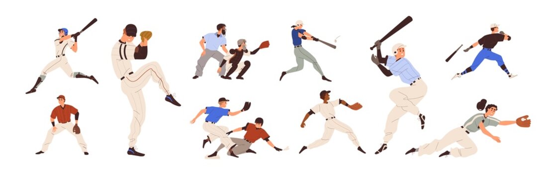 Baseball players set. Pitchers, catchers, batters and hitters throwing, catching and hitting ball with bats and gloves. American sports game. Flat vector illustration isolated on white background
