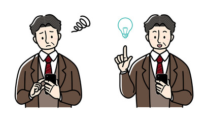 悩んでいたところから何か閃いた様子のビジネスマン（上半身ver.）
