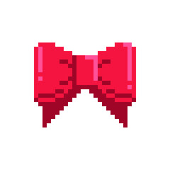 Red bow icon. New Year greeting card design. Pixel art style. Isolated vector illustration. Game assets 8-bit sprite. Design for stickers, web, mobile app.