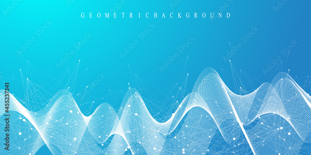 Aufkleber Digits abstract background with connected line and dots, wave flow. Digital neural networks. Network and connection background for your presentation. Graphic polygonal background. Vector illustration.