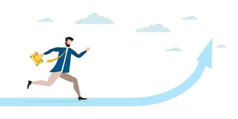 Job improvement, achievement and success in work or leadership to win business concept, confidence smart businessman inbusinessman in a suit with a briefcase running up the arrow to the sky. - Vector.