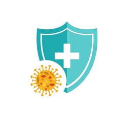 Immune system vector icon logo. Virus protection. Medical prevention of human germs. Blue shield with a white cross and a virus in a white circle on the shield. Vector illustration