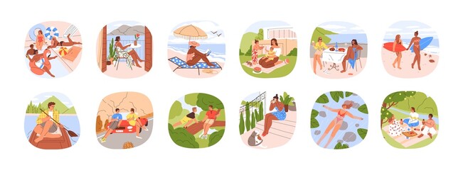 Set of summer outdoor activities. People relaxing on beach, sea resort, nature on holidays. Scenes of happy man and woman at leisure time. Flat vector illustrations isolated on white background © Good Studio