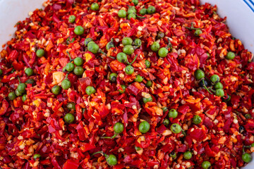 A bowl of spicy Litsea cubeba chili sauce