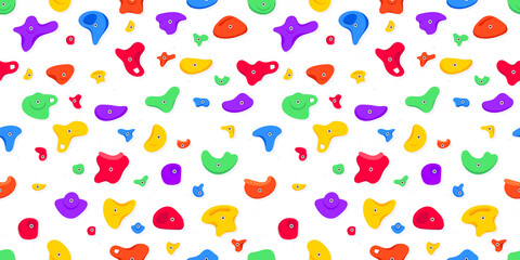 Seamless pattern of climbing grips or holds in the gym bouldering training flat style design vector illustration. Holds for the rock climbing walls. Crimps, jugs, pinches, slopers elements icon signs. - obrazy, fototapety, plakaty